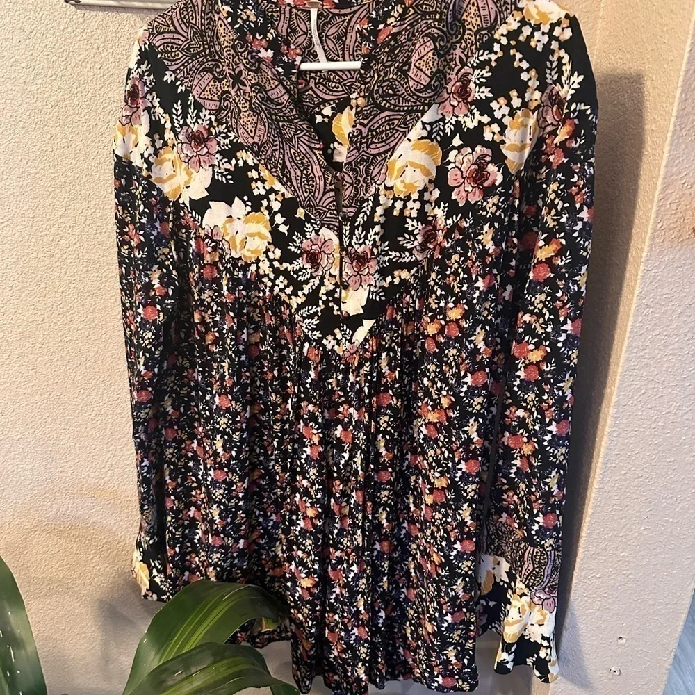 FREE People Wildflower Fields Tunic Top Dress Black Floral Bell Sleeve Buttons